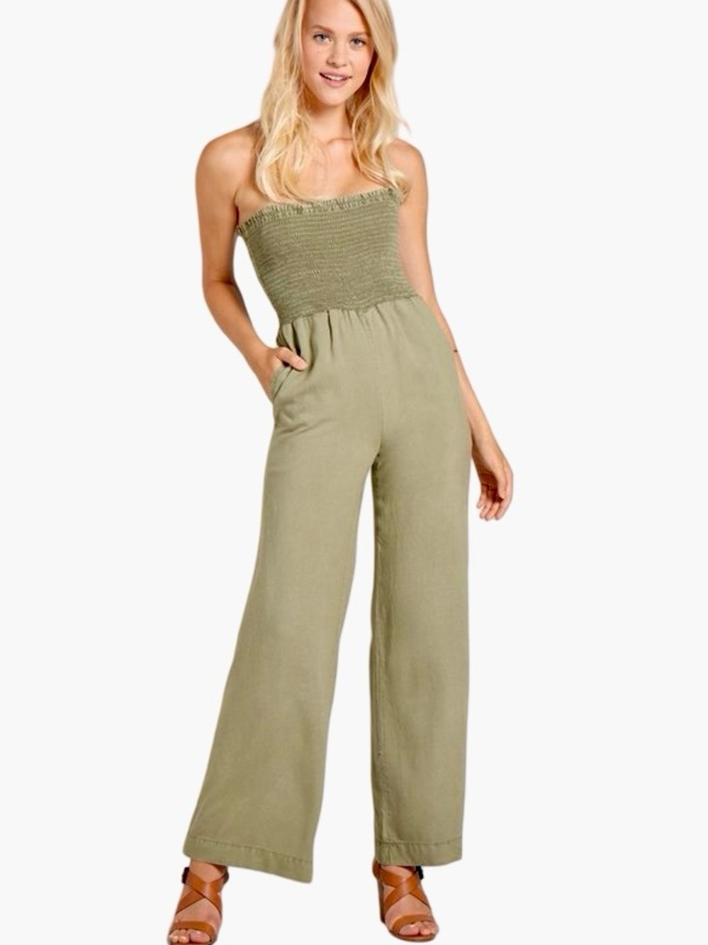 🍈🫧 Bella Dahl Olive Smocked Strap Jumpsuit removable straps 🫧🍈